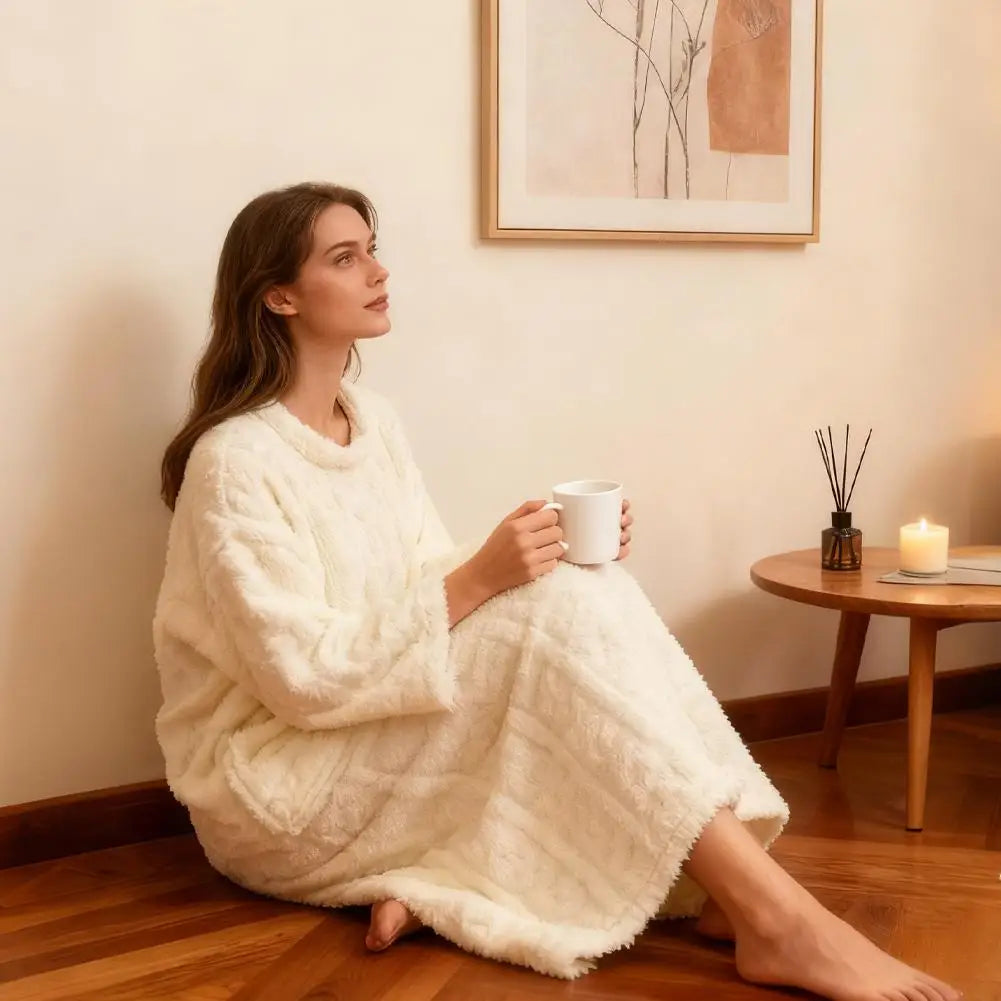 Winter Warm homewear Long Sleeve Double Pocket Flannel Nightgowns Women Loose Solid Sleepwear Jacquard Night Dress Thickened Oasis Select