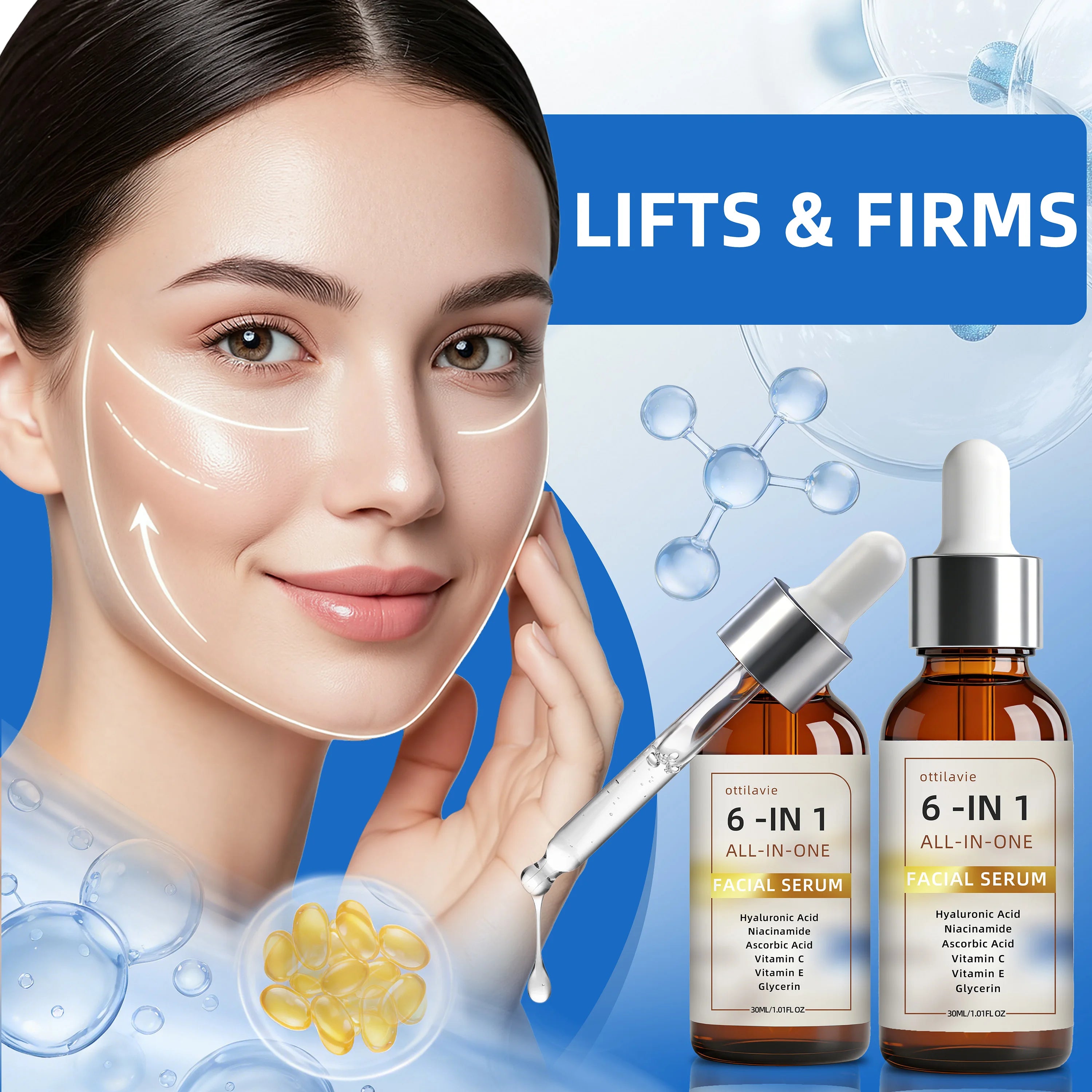 Ottilavie 6-in-1 Facial Serum 2pc – Hydrate, Firm & Even Tone Facial Serum Set Oasis Select