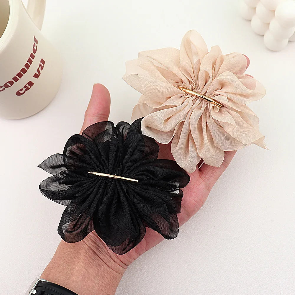 Big Spring Hair Claw Clips Women Metal Chiffon Flowers Ponytail Holder Hairpin Barrettes Fashion Girls Hair Accessories Hairgrip Oasis Select black khaki 2pcs