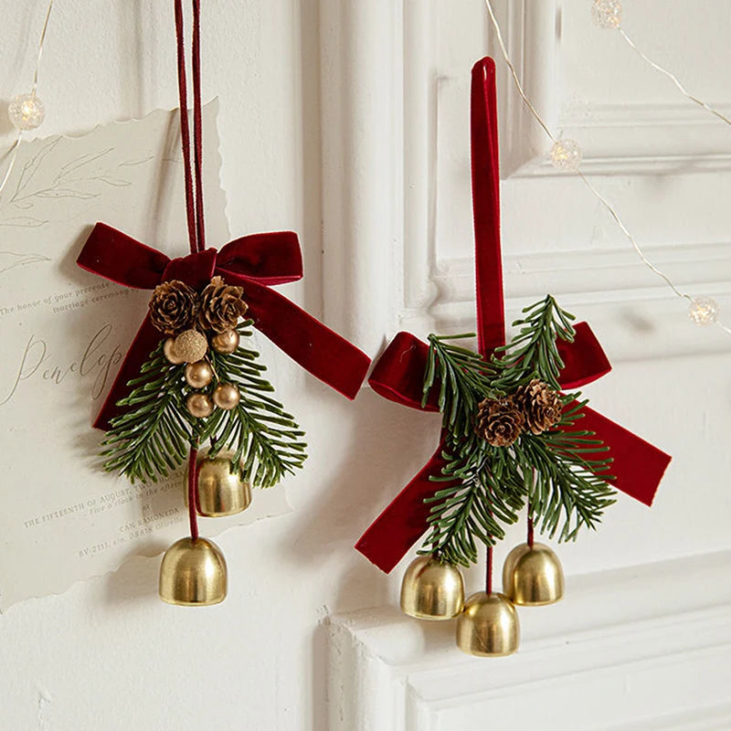 Christmas Jingle Bell Door Hanger – Velvet Bow & Pine Cone Ornament