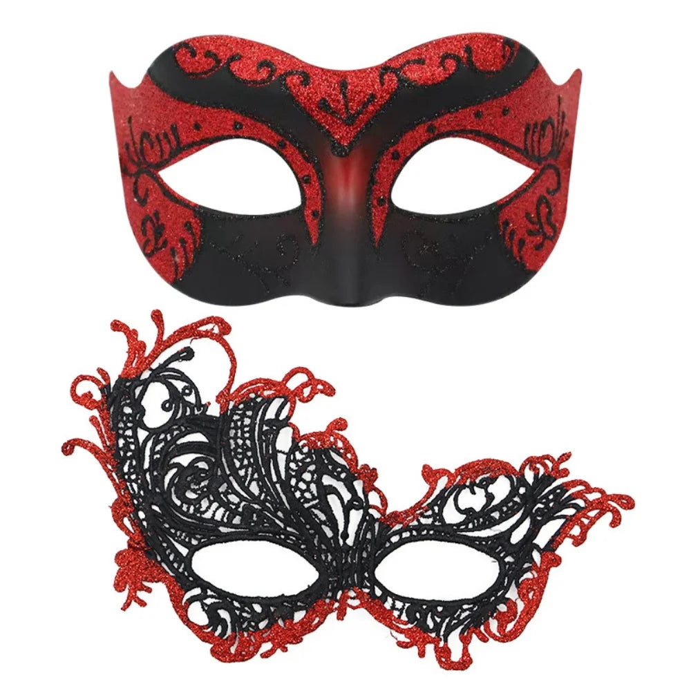 2PCS/set Couple Masks Lace Women Mask Men Painted Half Face Mask Eye Mask Set Party Masquerade Wedding Decoration Costume Prom Oasis Select Red 1