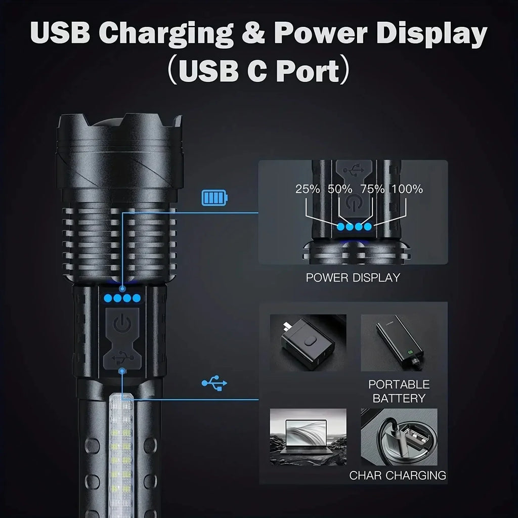 1pc Super Powerful Rechargeable Torch Flood Light With Side Light For Outdoor Camping, Fishing, Hunting, Climbing, Adventure Eme Oasis Select