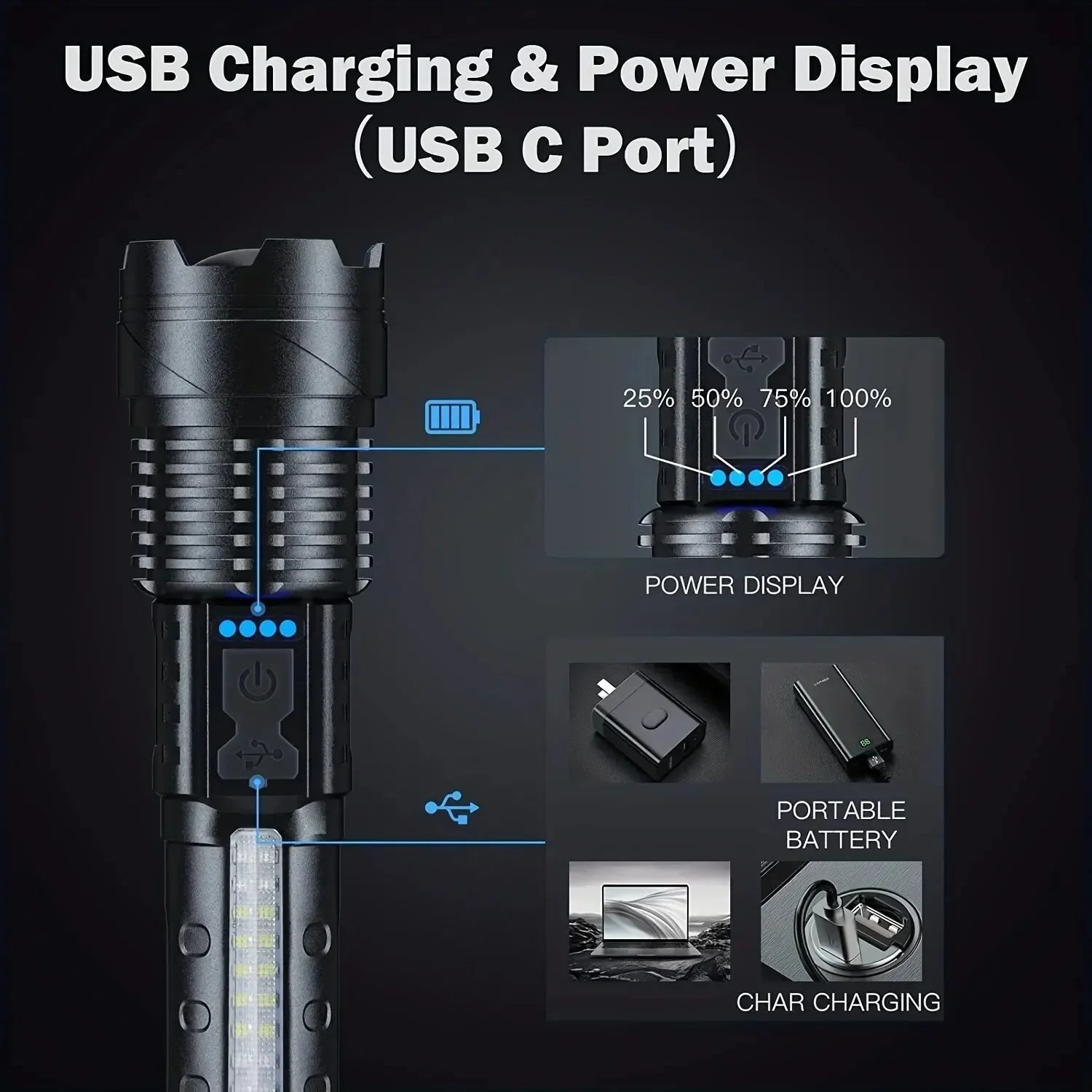 1pc Super Powerful Rechargeable Torch Flood Light With Side Light For Outdoor Camping, Fishing, Hunting, Climbing, Adventure Eme Oasis Select