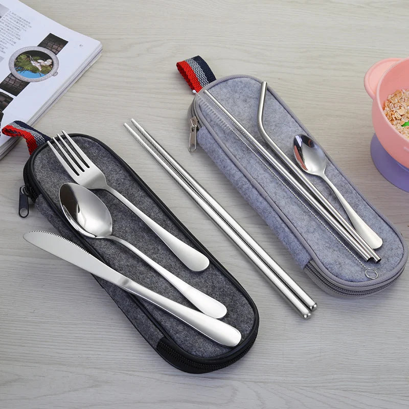8Pcs/set Tableware Reusable Travel Cutlery Set Camp Utensils Set with Stainless Steel Spoon Fork Chopsticks Straw Portable Case Oasis Select