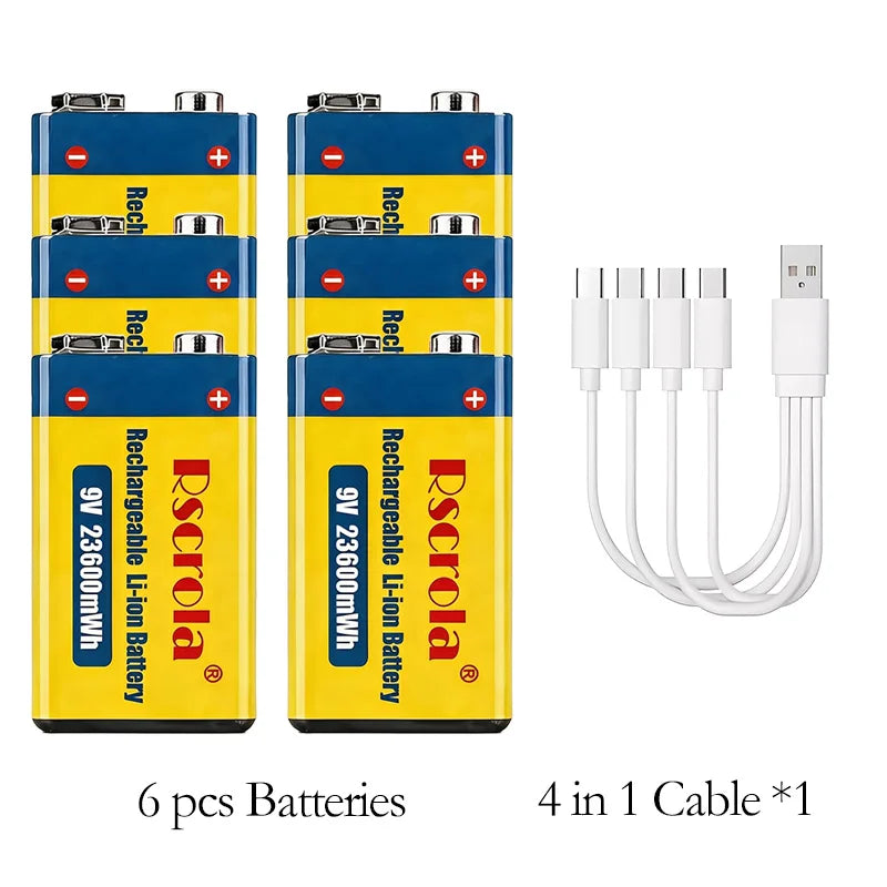 Long-Lasting 9V Lithium ion Rechargeable Battery 23600mWh High Capacity for Guitar Microphone Smoke Detector Pedal with Cable Oasis Select 6 PCS Batteries