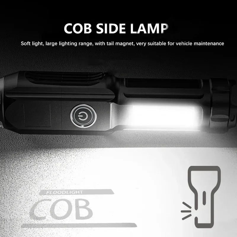 High Power Led Flashlight Super Bright Rechargeable Zoom Torch with COB Side Lights Outdoor Camping Night Fishing Lantern Oasis Select