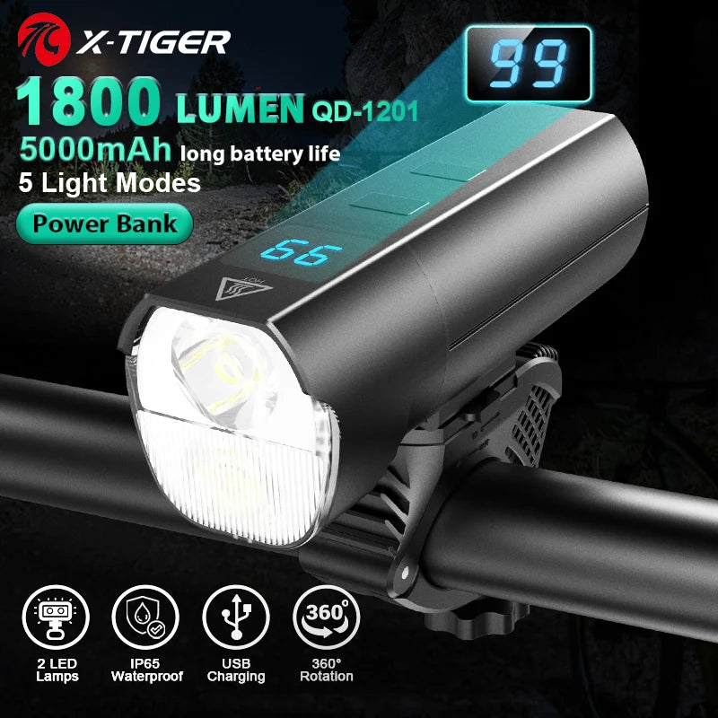 X-TIGER Bike Light Set Powerful USB Rechargeable Bright 10000mAh Bicycle Front Lights IPX5 Waterproof Front Lamp Cycling Oasis Select QD-1201