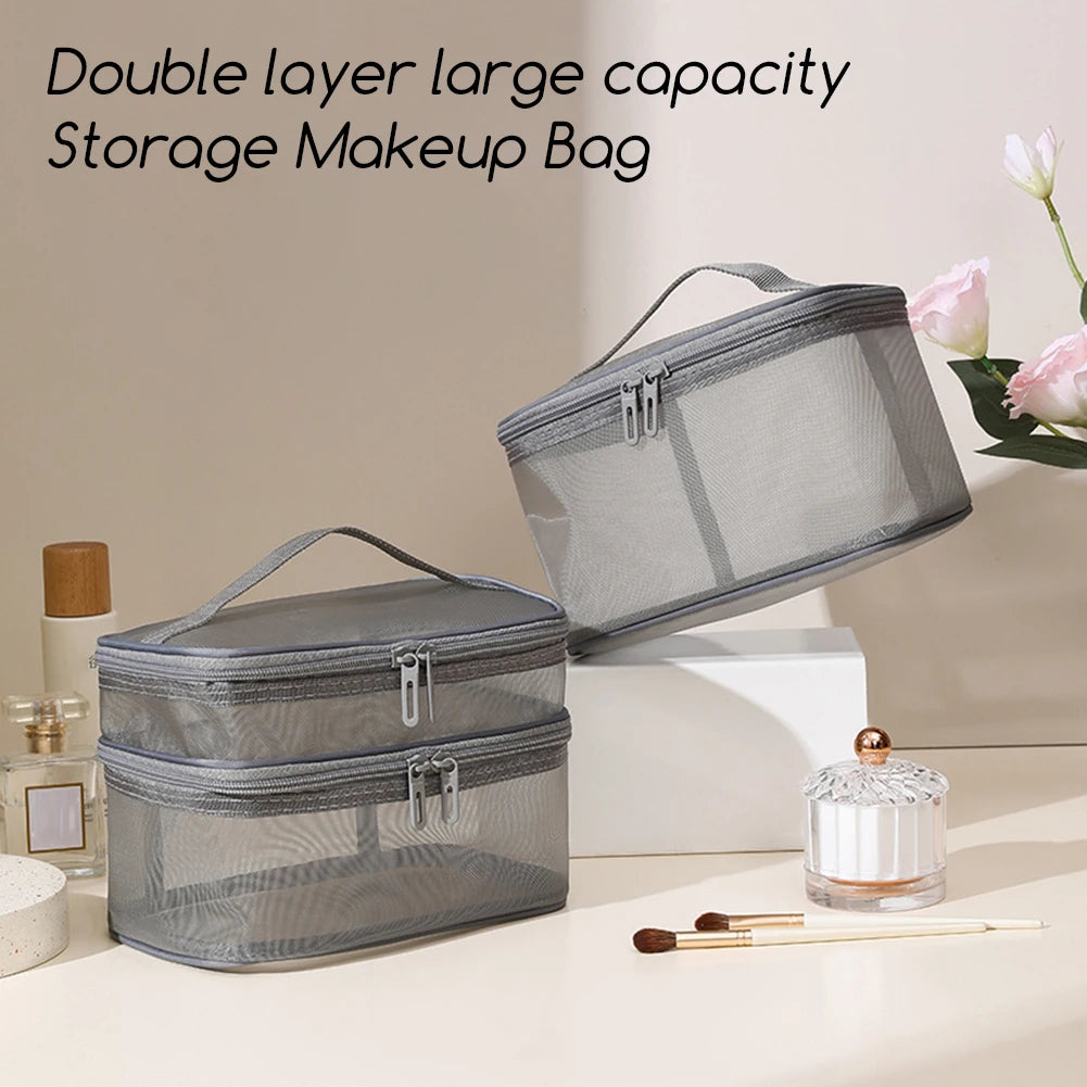 Double Layer Mesh Cosmetic Bag – Large Travel Makeup Organiser