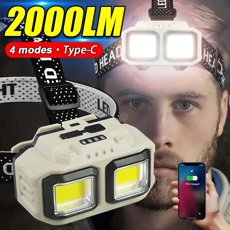 Powerful LED COB Sensor Headlamp 4 Lighting Modes Type-C Rechargeable battery display Waterproof Outdoor Camping Headlight Oasis Select