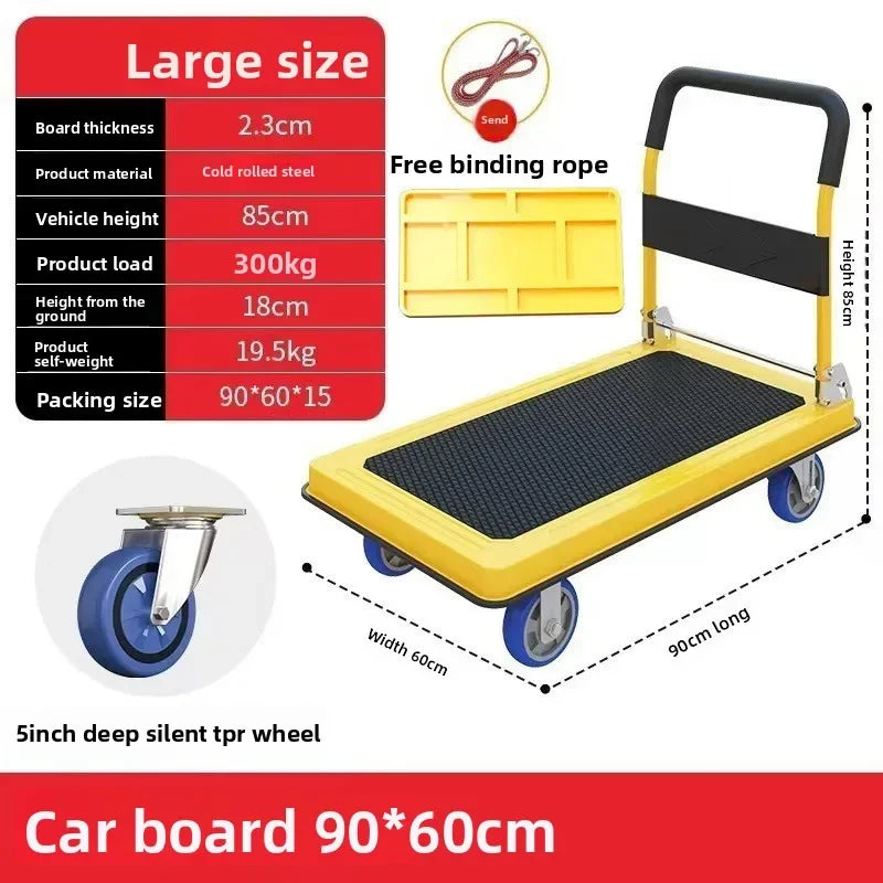 Multi-functional Silent trolley Steel trolley Pull goods Folding flatbed truck Small trailer Truck Supermarket storage Oasis Select Yellow-B-60-90-5