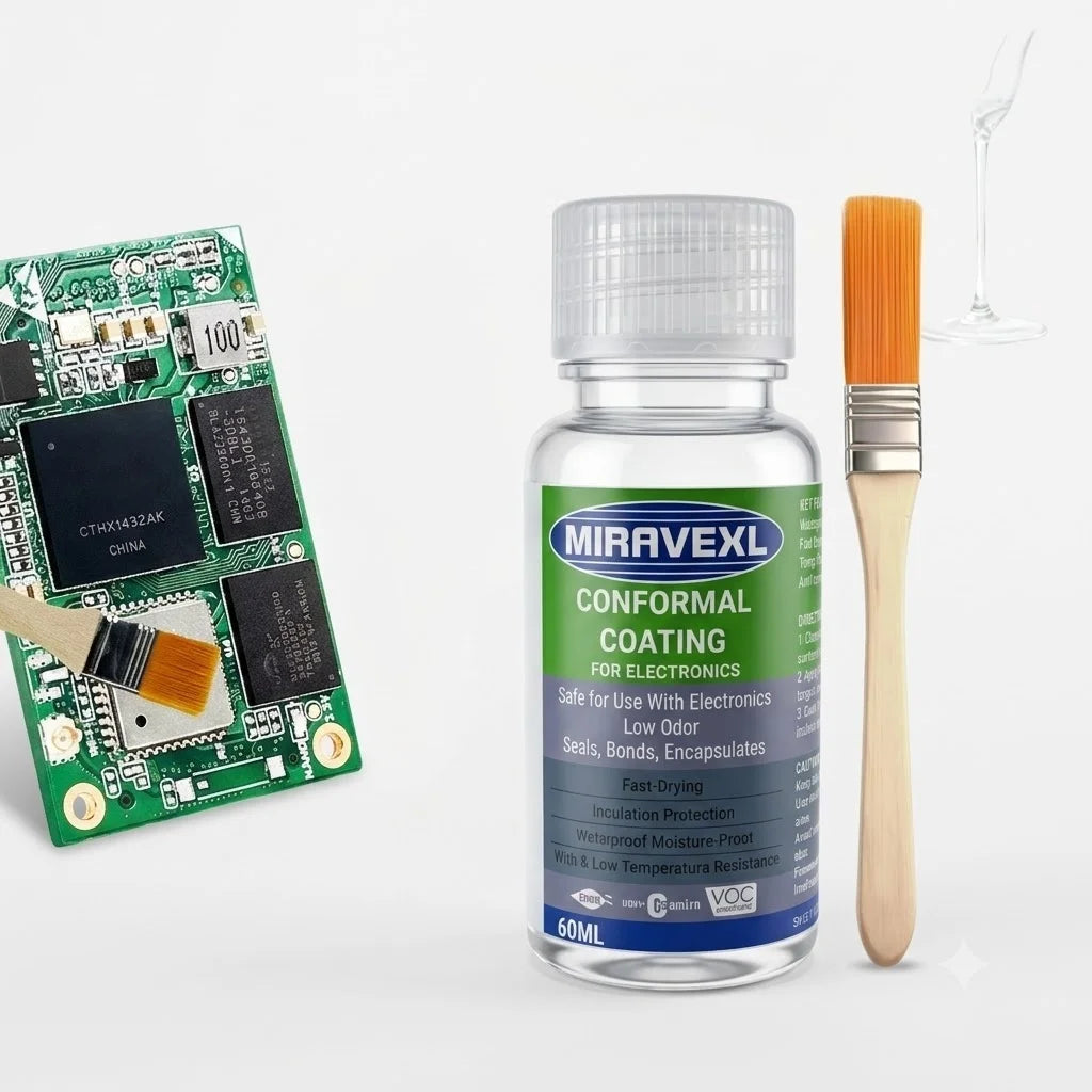 MIRAVEXL Clear Conformal Coating bottle with applicator brush offers thermalresistance, seals bonds and encapsulating properties Oasis Select
