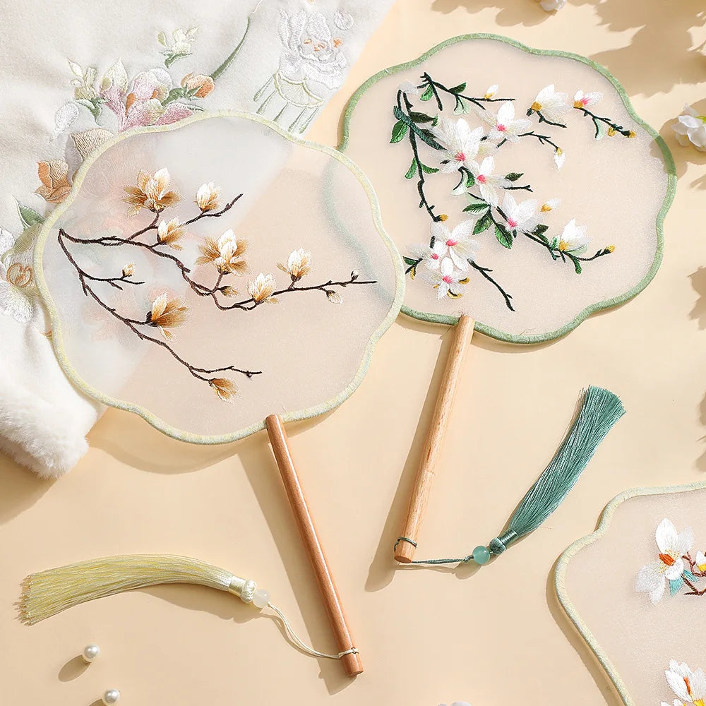 China Fan Wholesale Semi-Transparent Long Handle Tassel Dance Fan Female Costume Hanfu Cheongsam Embroidery Small Round Fan Oasis Select