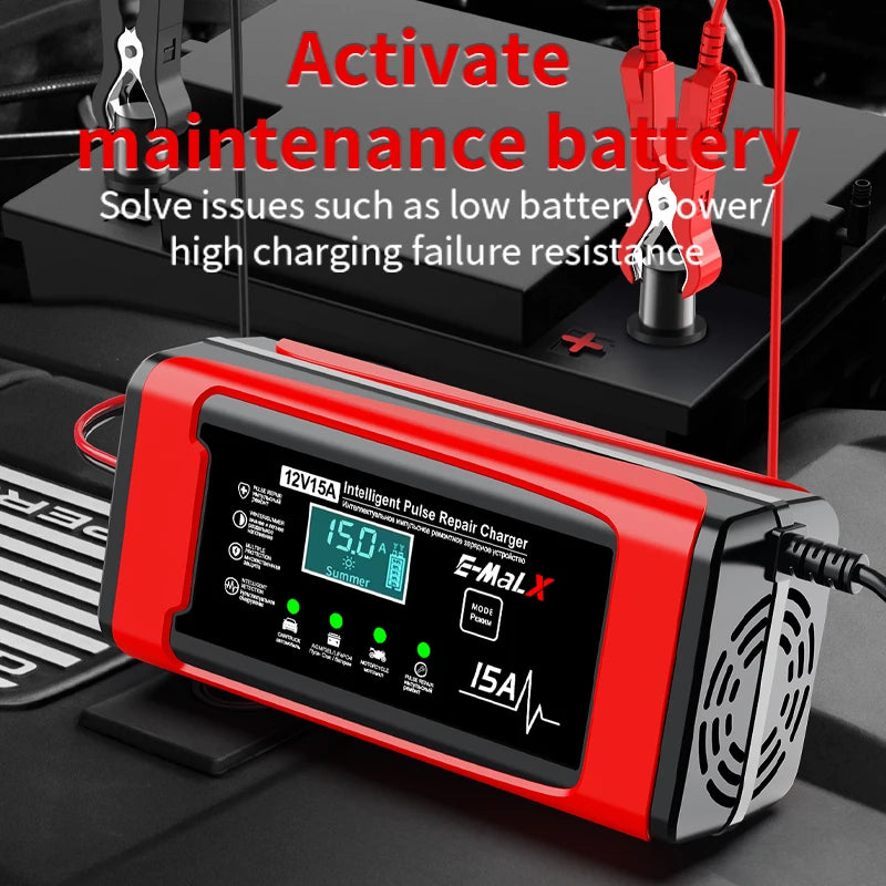 12V 15A Smart Pulse Repair Charger 14.6V Lifepo4 Battery Charger Digital Display Battery Charger For Lead Acid AGM GEL Battery Oasis Select