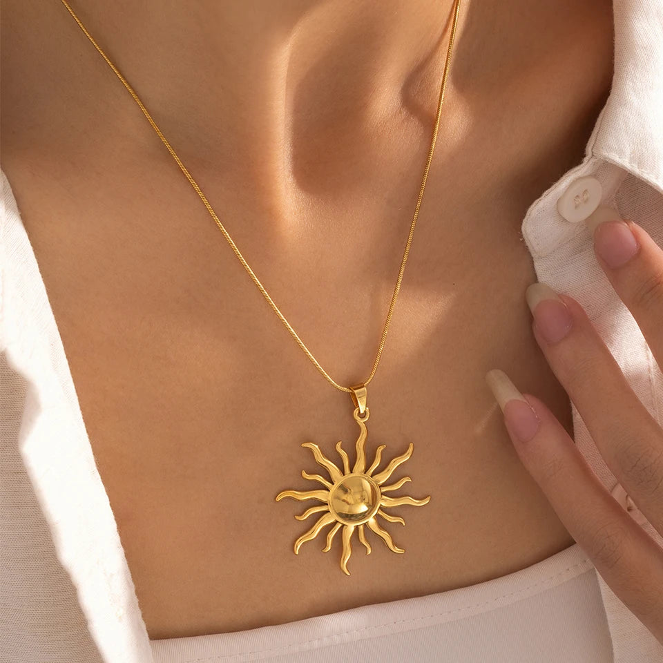 ZAKOL 316L Stainless Steel Golden Sun Pendant Necklace For Women Girl New Concise Solar Neck Chain Choker Jewelry Gift Oasis Select