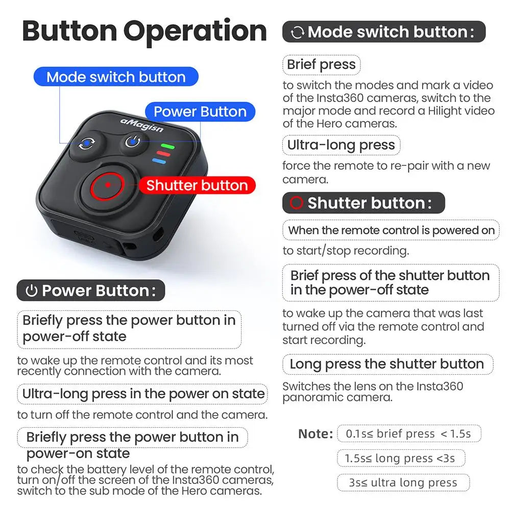 Bluetooth Remote for Insta360 – 50m Range, iOS & Android