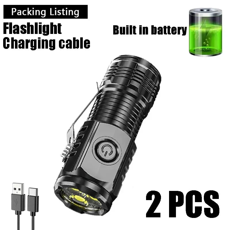 Mini Powerful 3 LED Flashlight USB Rechargeable Built-in Battery Torch 5 Modes Waterproof Lamp with Tail Magnet Tactical Lantern Oasis Select 2PCS
