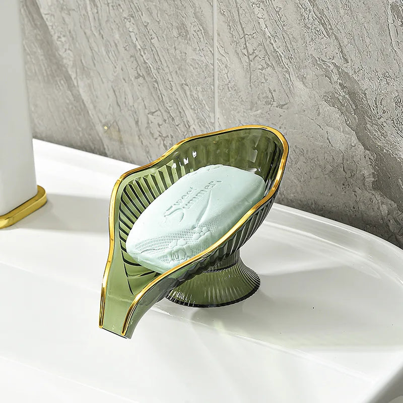 Drain Plate Tray Creative Soap Holder Soap Box Bathroom Gadgets Non-slip Laundry Soap Dish Storage Soap Case Leaf Shape Oasis Select green