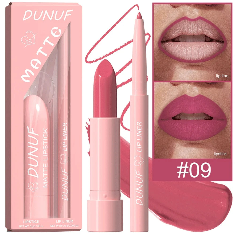 DUNUF 12-Color Matte Lipstick & Lip Liner Set – Waterproof