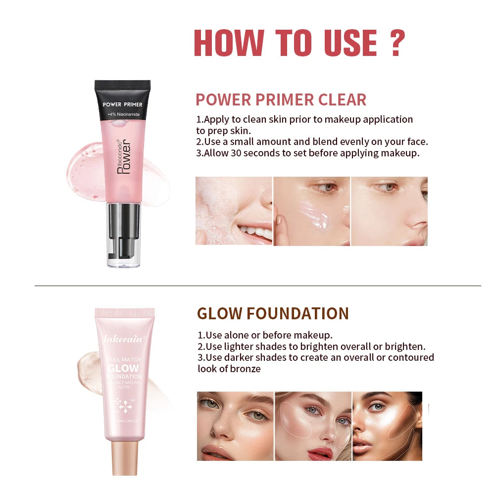 Powder Grip Primer Gel & Glow Foundation Makeup Kit Hydrating Smoothing Skin Lightweight Brighthen Shiny Fase Cosmetics Combo Oasis Select