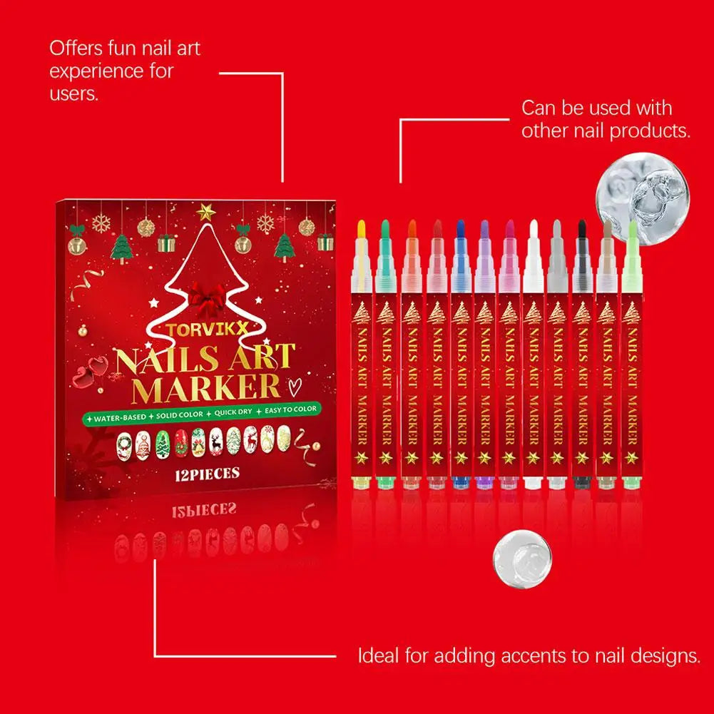 12-Piece Christmas Nail Art Pen Set – Fine Tip Quick-Dry