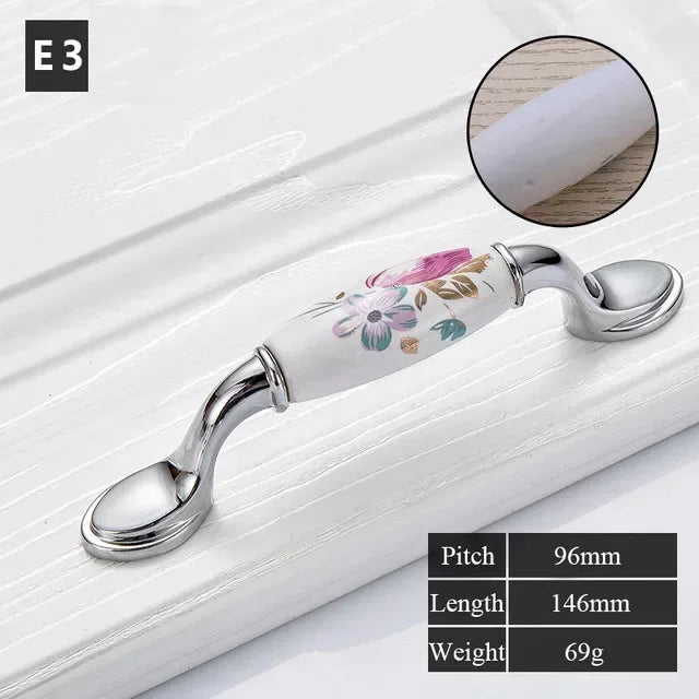 Tulip Ceramic Door Handle Silver Drawer Pulls Vintage Flower Cupboard Kitchen Cabinet Handles and Knobs Furniture Hardware Oasis Select C-96mm