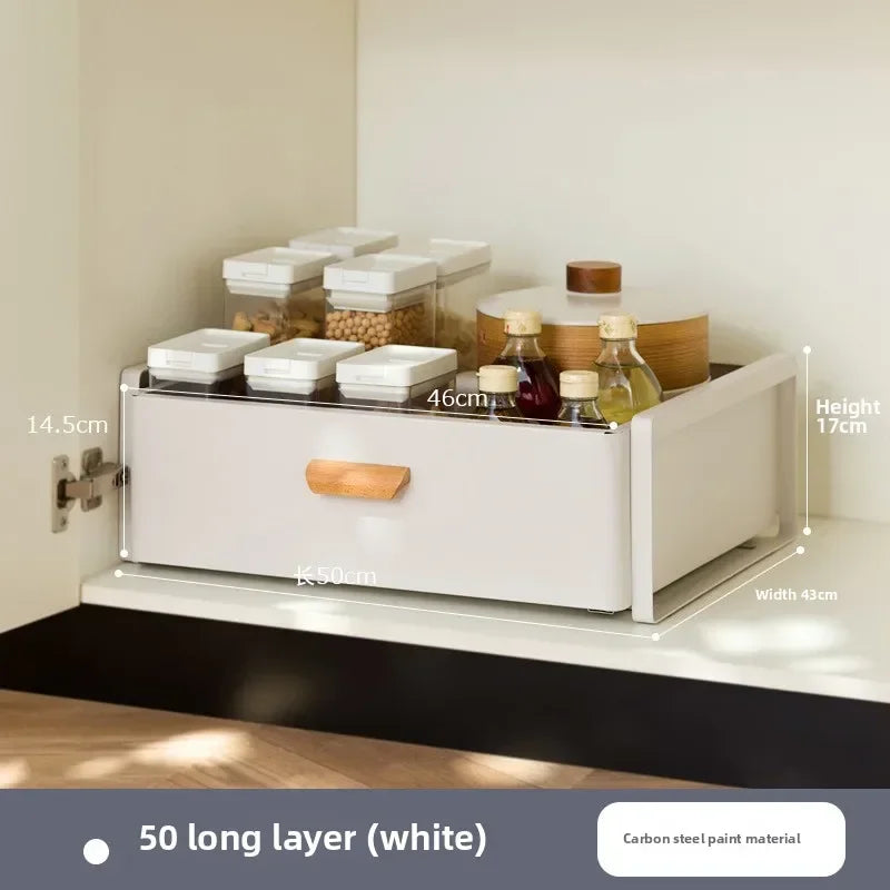 Multi-functional Kitchen Lower Sink Shelf Seasoning Dishes Pull-out Storage Box Sink Storage Rack Cabinet Pull Basket Layer Rack Oasis Select White A-1-50