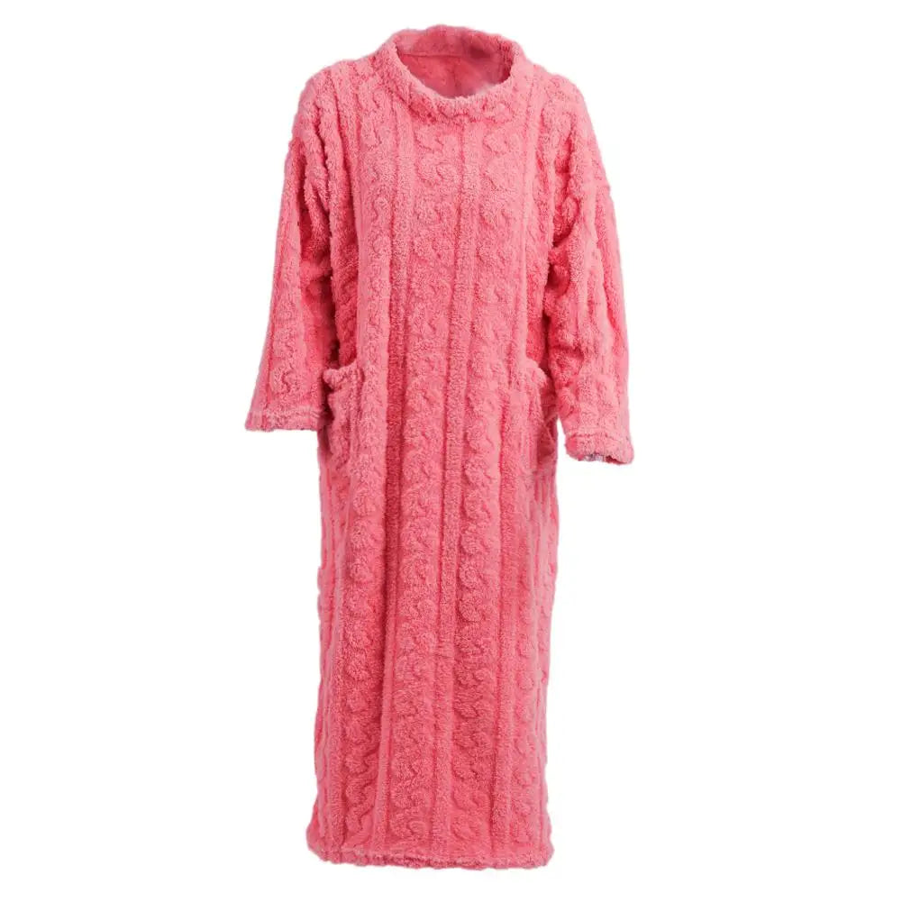 Winter Warm homewear Long Sleeve Double Pocket Flannel Nightgowns Women Loose Solid Sleepwear Jacquard Night Dress Thickened Oasis Select One size Pink