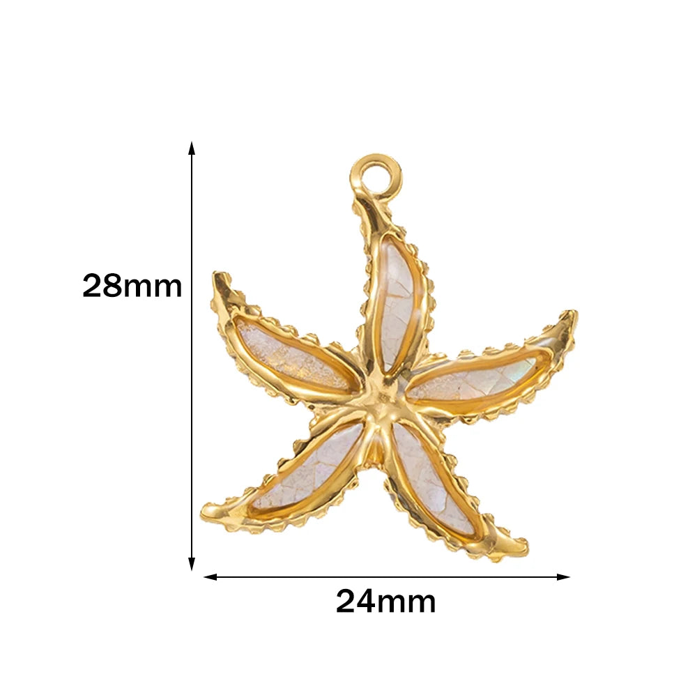 2PCs Ocean Series 304 Stainless Steel & Shell Charms For DIY Jewelry Making Gold Color Sea Turtle Animal Conch Pendant Necklace Oasis Select Starfish WT 24x28mm