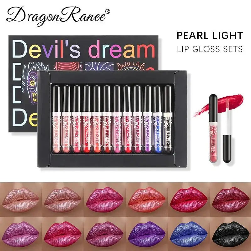Dragon Ranee Glitter Lip Gloss Set – 12 Shades, Waterproof