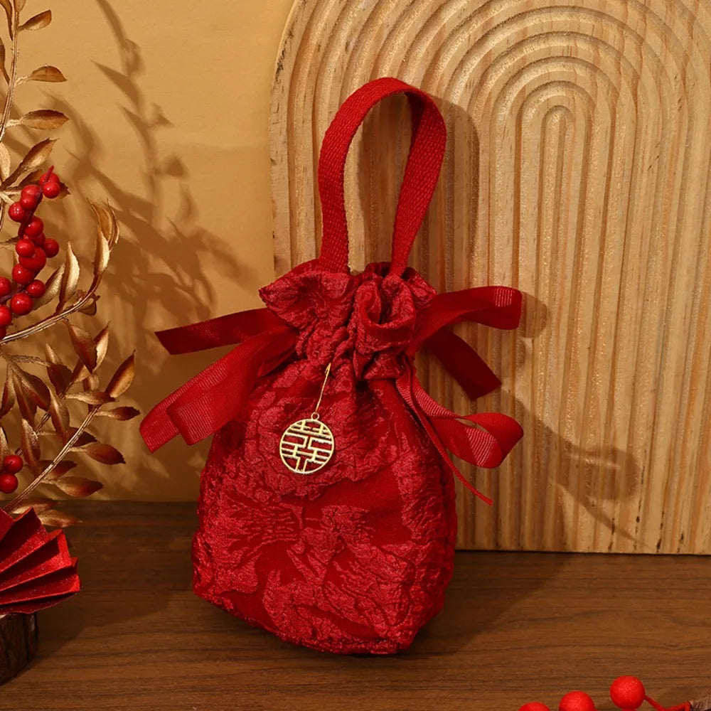 Chinese Style Embossed Flower Drawstring Candy Gift Bag