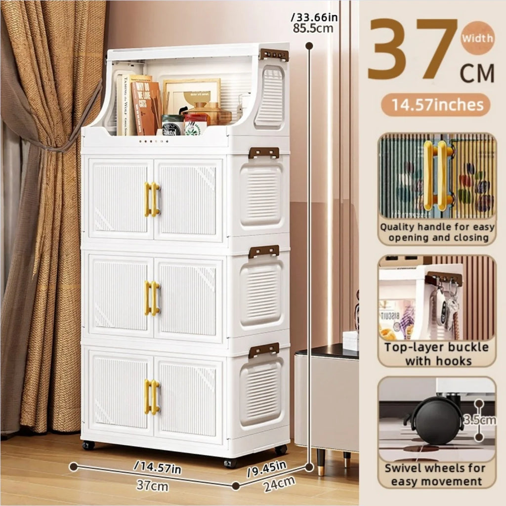Foldable Double-Door Storage Cabinet,Large Capacity Space-Saving Mobile Organizer for Bedroom&Living Room（Clothes, Toys&Snacks） Oasis Select 4 Tiers White