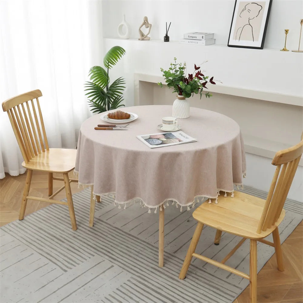 Round Cotton Linen Tablecloth with Tassels | Waterproof & Dustproof Round Tablecloth Oasis Select Coffee 120CM