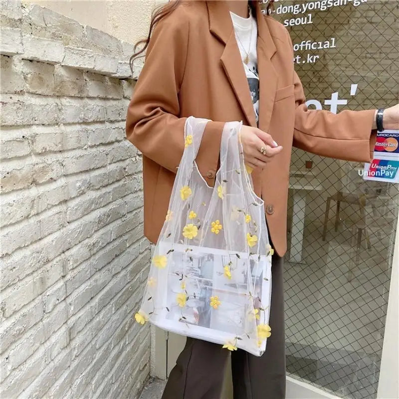 Mesh Embroidered Tote Bag with Colorful Flowers Perfect for Travel Home and Grocery Use Oasis Select