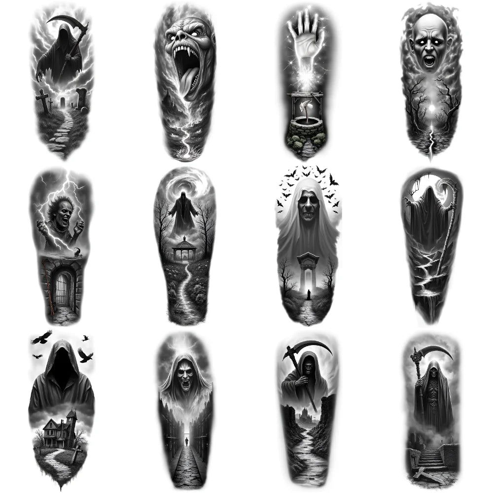 12pcs Halloween Temporary Tattoos – Grim Reaper, Vampire & Witch