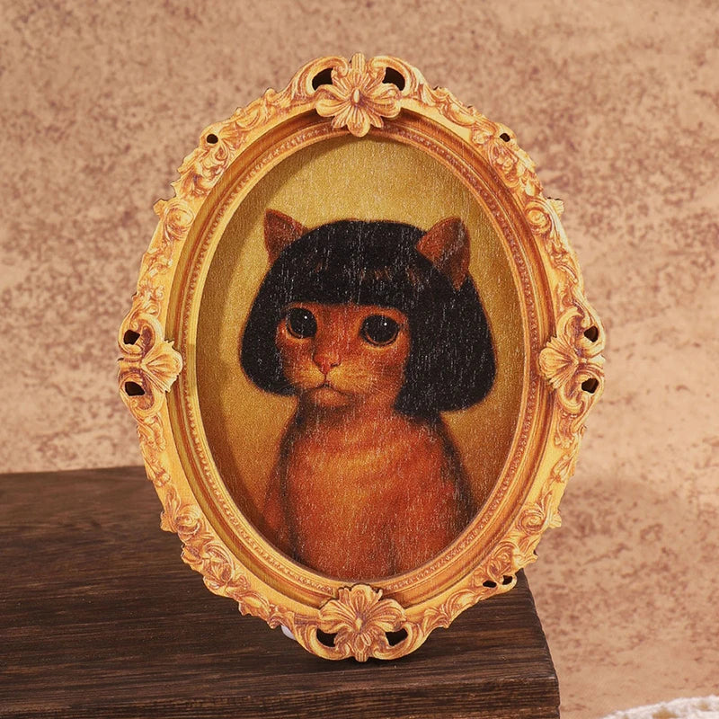 1Pc Mini Oval Retro Wooden Photo Frame Fridge Magnet Funny Cat & Haircut Modern Kitchen Decor Durable Refrigerator Ornament Oasis Select A1