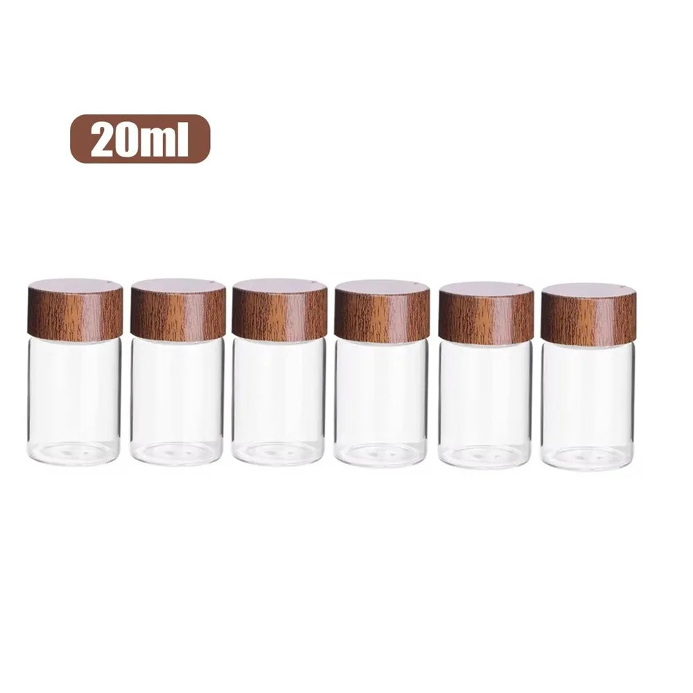6PCS 10/20/30 ML Wooden Lid Mini Glass Bottles Transparent Sealed Small Spice Jars Food Grade Golden Bean Bottle Oasis Select M