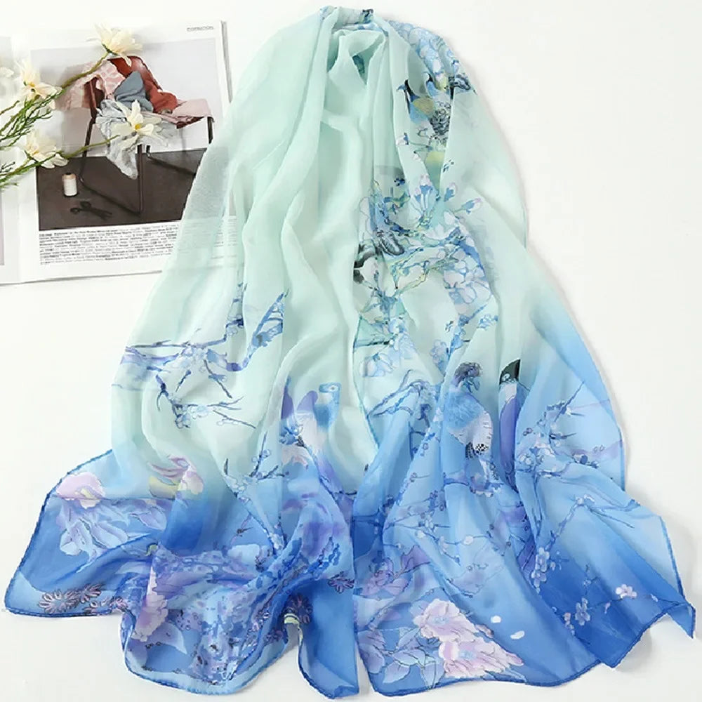 Fashion 160*50cm Chiffon Scarf Sunscreen Gradient Shawl Silk Washable Flower Print Long Wrap Shawl for Women Oasis Select 01