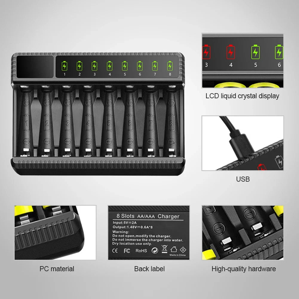 Intelligent Smart Battery Charger LED Display for 1.2V AA/AAA NiMH Rechargeable Batteries 8 Slots Ni-MH Battery Charger Oasis Select