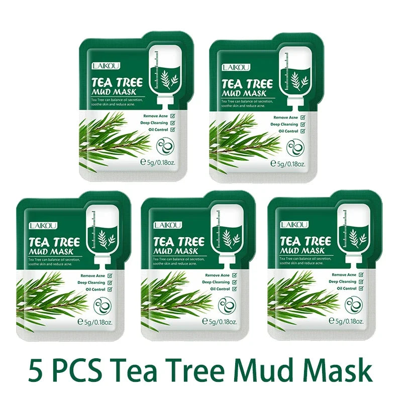 LAIKOU 5Pcs Mix Mud Mask 5g Eggplant Tea Tree Matcha Sakura Deep Cleansing Oil Control Blackhead Remover Hydrating Facial Mask Oasis Select Tea Tree