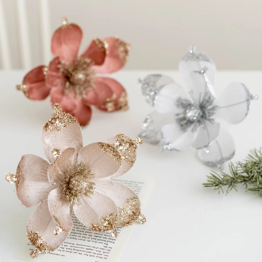 20cm Glitter Magnolia Christmas Flower Pick – Pink Sequin Christmas Flower Pick Oasis Select