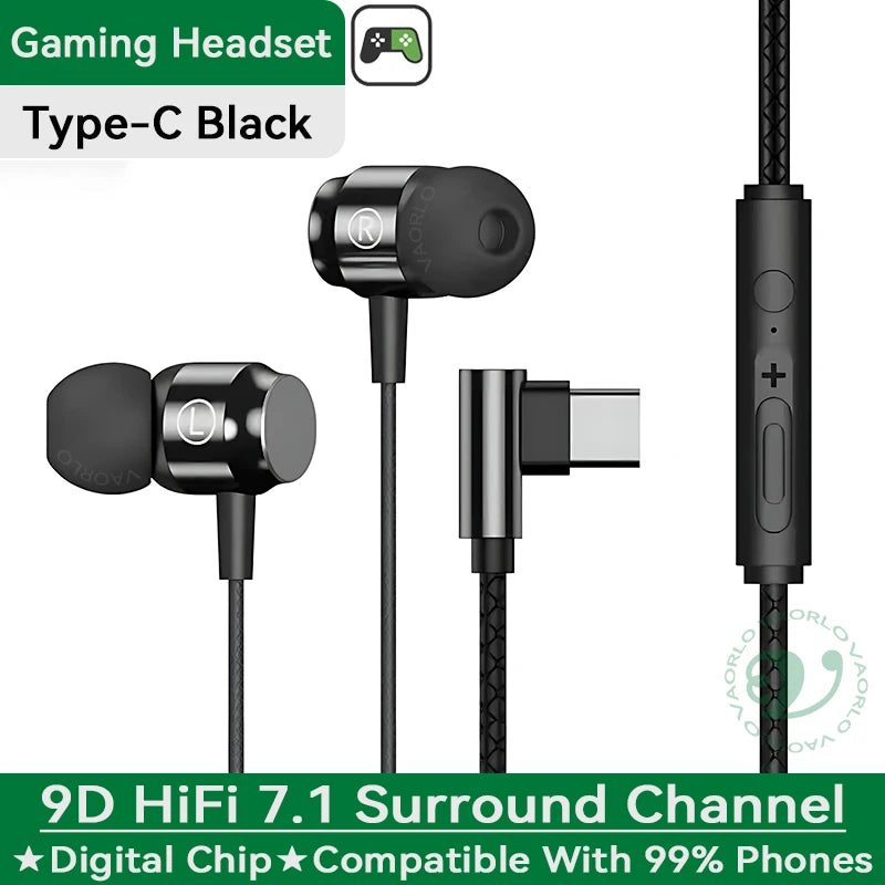 Digital Chip Wired Earphone 3.5mm AUX/Type C 9D HIFI Heavy Bass In-Ear Game Headsets For Samsung Huawei Xiaomi OPPO iPad PC MP3 Oasis Select Type-C Black
