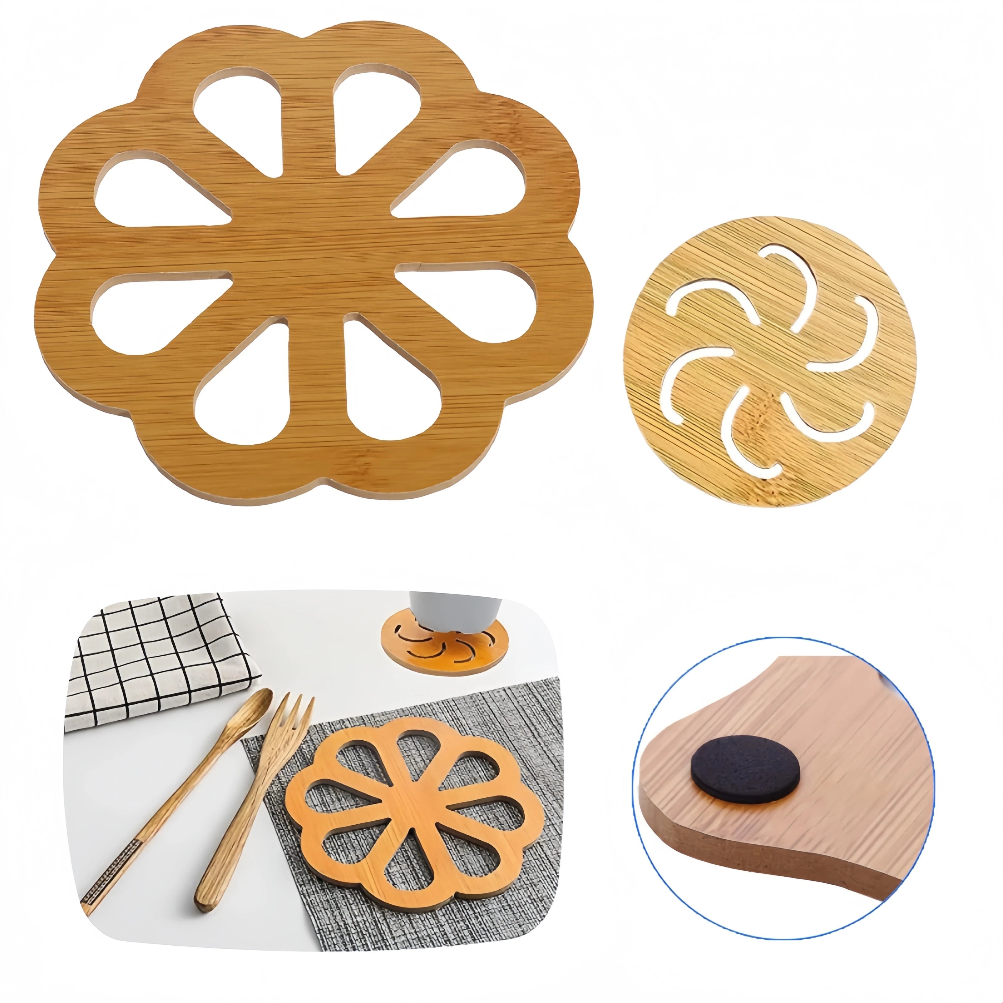 Thickened Wooden Trivets for Hot Pots Pans Hollow Carved Heat Resistant Coasters Non-Slip Round Wood Hot Pads for Kitchen Decor Oasis Select