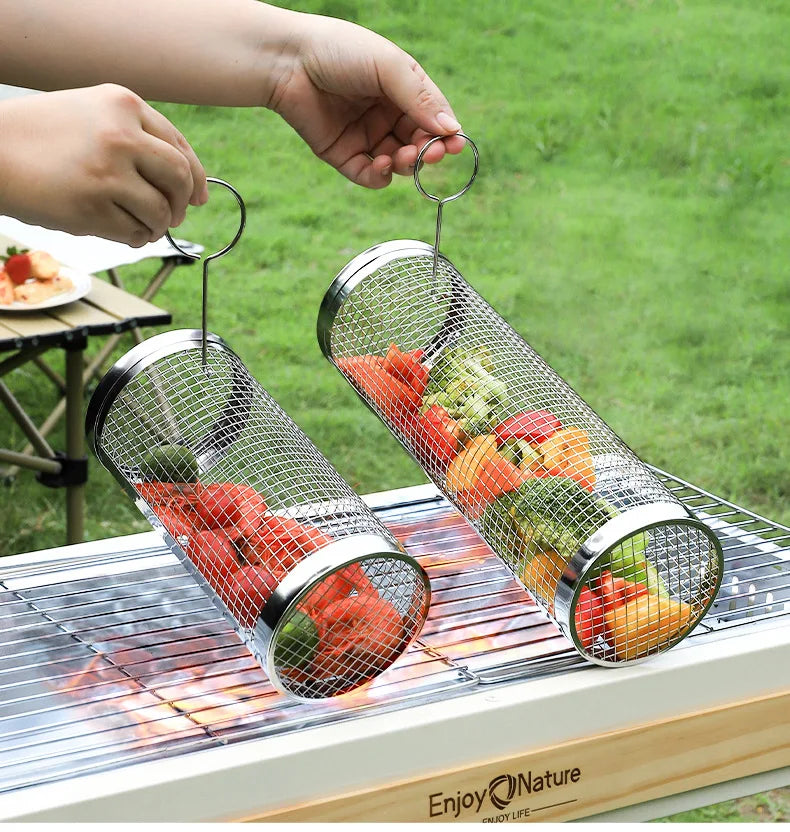 Round Barbecue Cage, Outdoor BBQ Smoking Cage, Portable Barbecue Stove, Rotating and Rolling Stainless Steel Cage Oasis Select