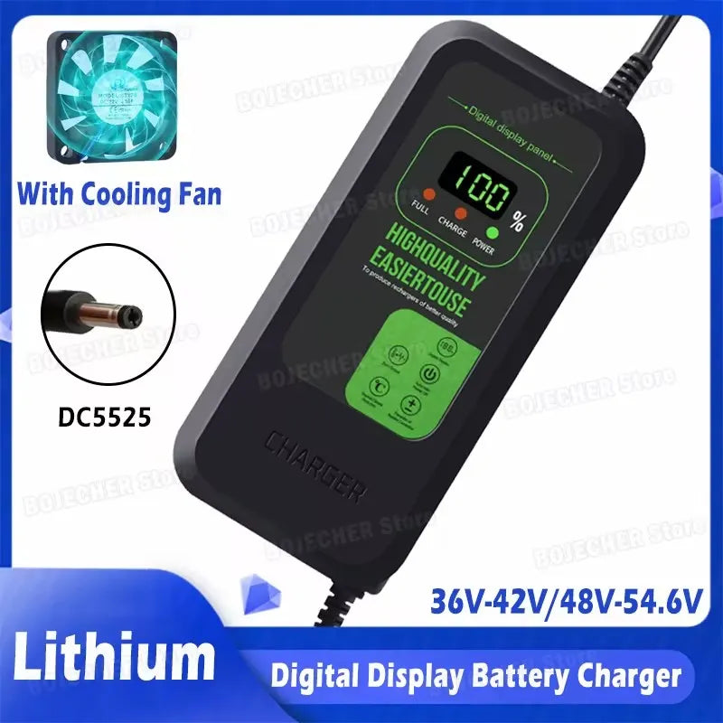 Newly Upgraded Lithium Battery Charger 36V 42V / 48V 54.6V 2A 5A Digital Display Power Supply Adapters DC5525 With Fan EU Plug Oasis Select