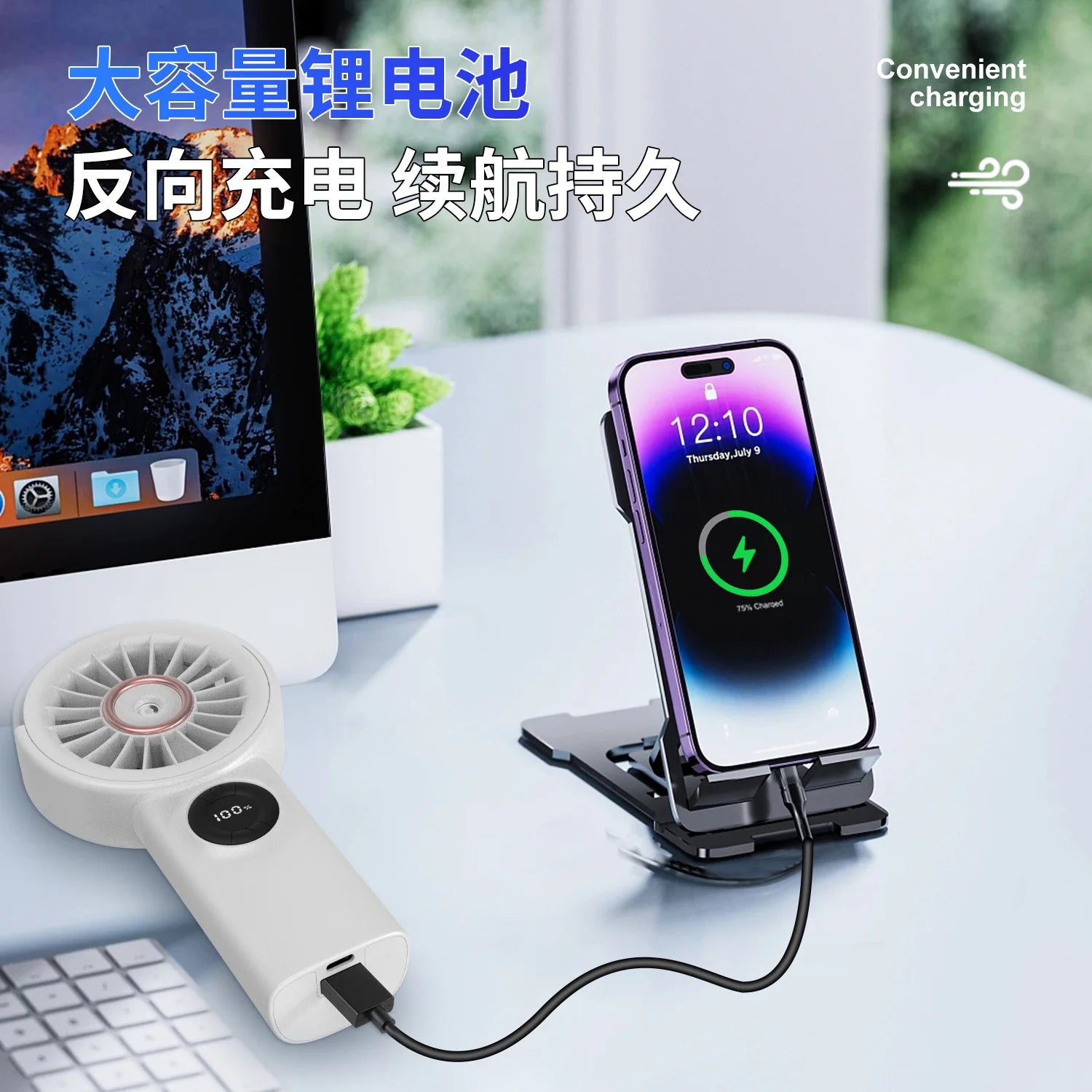 Portable Mist Fan with Humidifier & Reverse Charging | Desktop