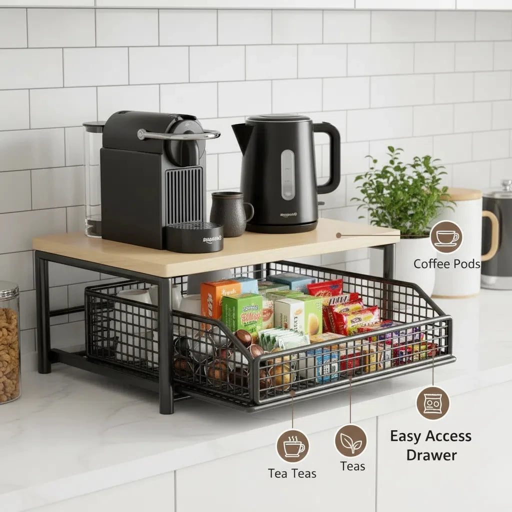 Metal and Wood Microwave Rack with Pull Out Drawer Multi Layer Countertop Kitchen Organizer for Coffee Maker Utensils and Tea Oasis Select