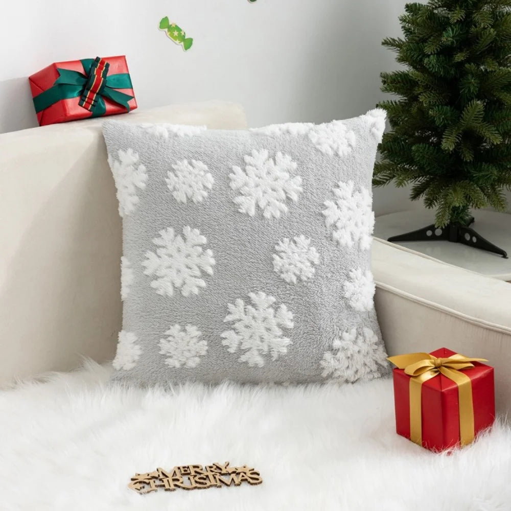 Christmas Throw Pillow Cover Christmas Tree Snowflake Elk Jacquard Plush Pillow Case Holiday Decor New Year's Home Cushion Case Oasis Select Grey