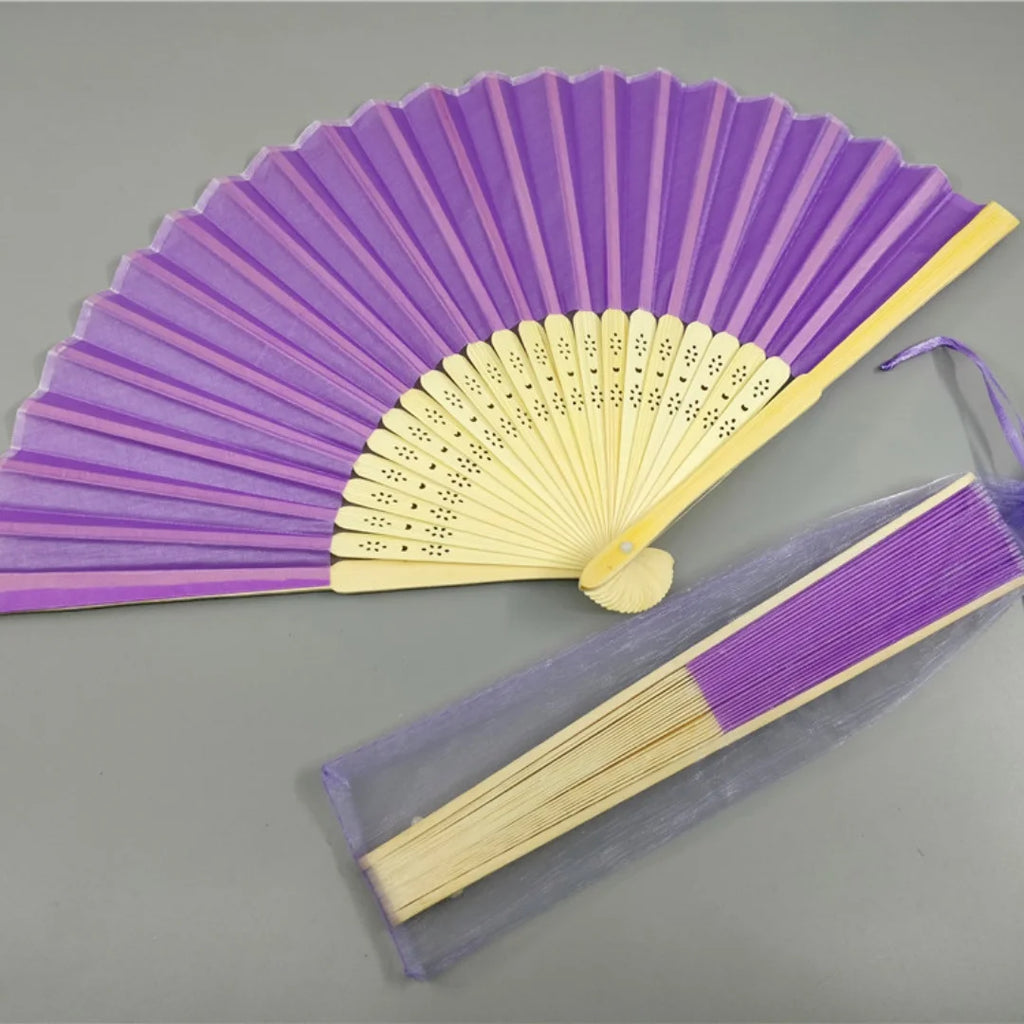 Hand Folding Fan with Organza Bag Bridal Shower Kids Christestening Favors Wholesale Bamboo Fabric Handheld Fans Oasis Select Purple