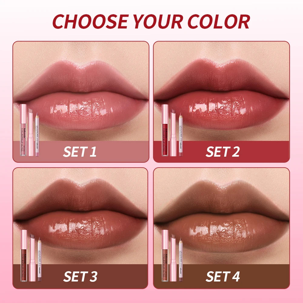3pcs Lip Makeup Set Lip Liner Lip Gloss Lipstick Mirror Effect Beep Lips High Color Long-lasting Hydrates Travel Mini Set Oasis Select