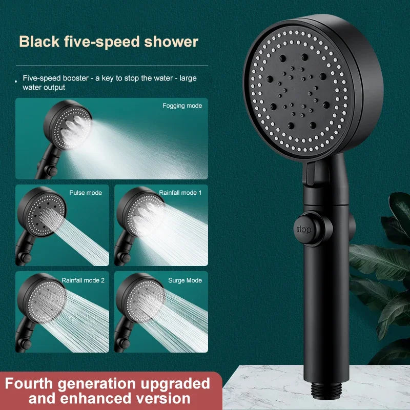 High-pressure Shower Head Set 5 Modes of Adjustment Showerhead with Hose Water-saving One-touch Stop Bathroom Accessories Oasis Select Black showerhead